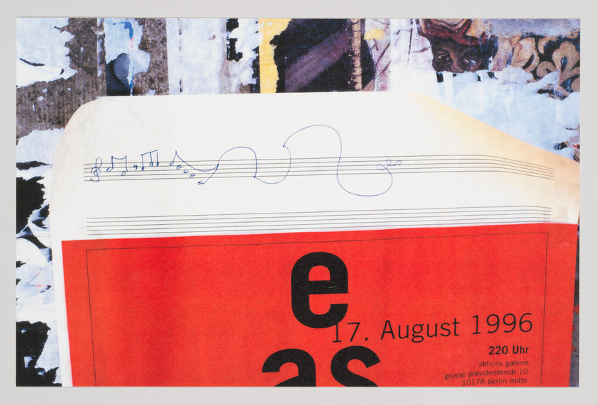 A collage of various paper elements including a piece of sheet music with a handwritten musical notation, a red flyer with the date "17. August 1996" and text related to an event at "aktions galerie" in Berlin, set against a background with abstract patterns and textures.