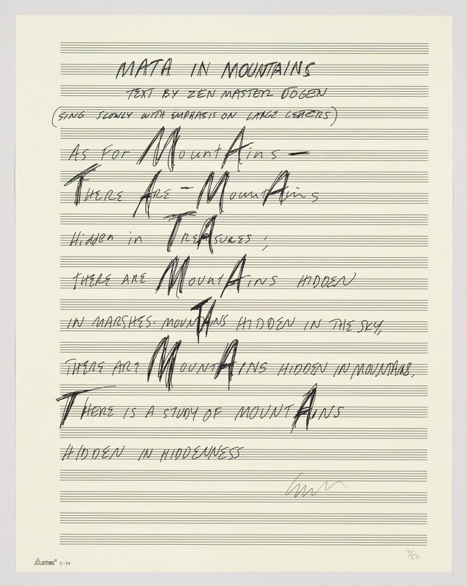 A printed artwork featuring a poem titled "Matter in Mountains" with text by Zen Master Dogen. The poem is presented in a handwritten style with certain words and lines heavily struck through, creating a visual emphasis on the theme of mountains being both present and obscured. The paper has horizontal lines, and the artist's signature is visible at the bottom right corner. The piece is numbered as an edition at the bottom left.