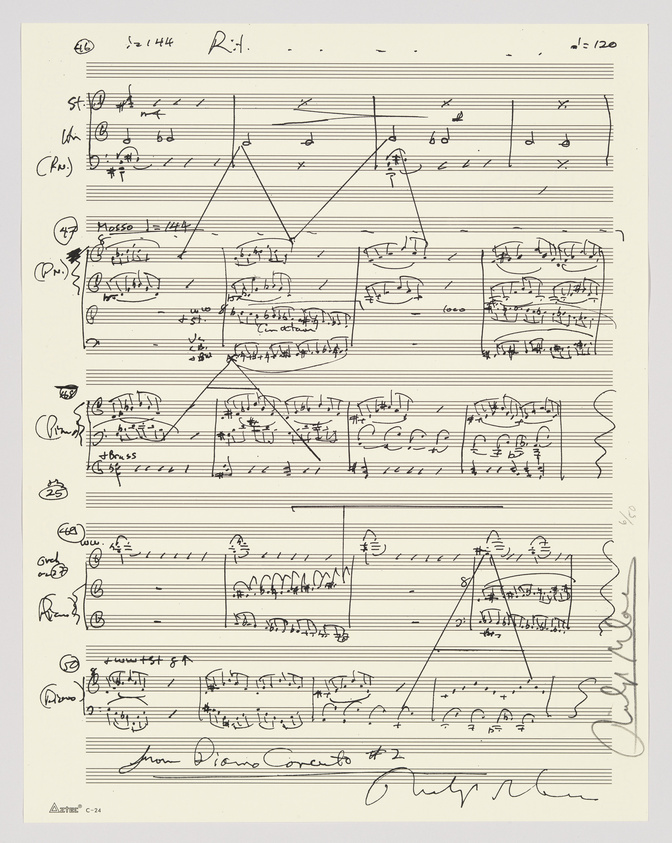 A handwritten musical score with annotations and corrections, featuring musical notes and symbols on staff lines, with various dynamic markings and articulations. There are lines connecting different parts of the score, suggesting revisions or relationships between the musical phrases. The bottom of the page includes a signature and the title "Piano Concerto #2."