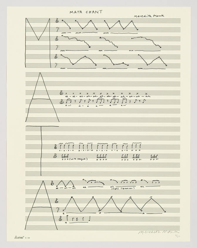 A graphic score titled "MATA CHANT" by Meredith Monk, featuring a series of musical notations with unconventional symbols and lines representing pitch and rhythm on a staff. The score includes geometric shapes, such as triangles and zigzag lines, with some traditional musical notes and annotations indicating vocal sounds like "ah." The image also contains the artist's signature and edition number at the bottom right.