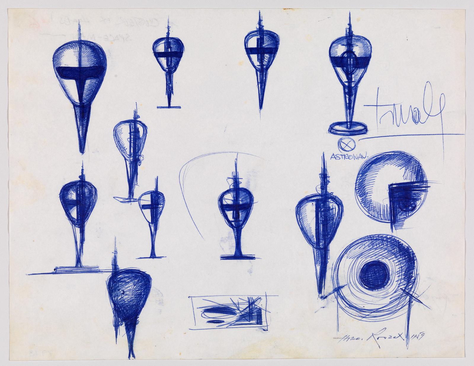 A scanned sketch page featuring various conceptual drawings of a futuristic spire-like structure with annotations and signatures in blue ink. The designs show different perspectives and iterations of the structure, some with a cross-section view, and the word "ASTRONAV" is visible among the sketches. The paper appears aged with crease marks and slight discoloration.