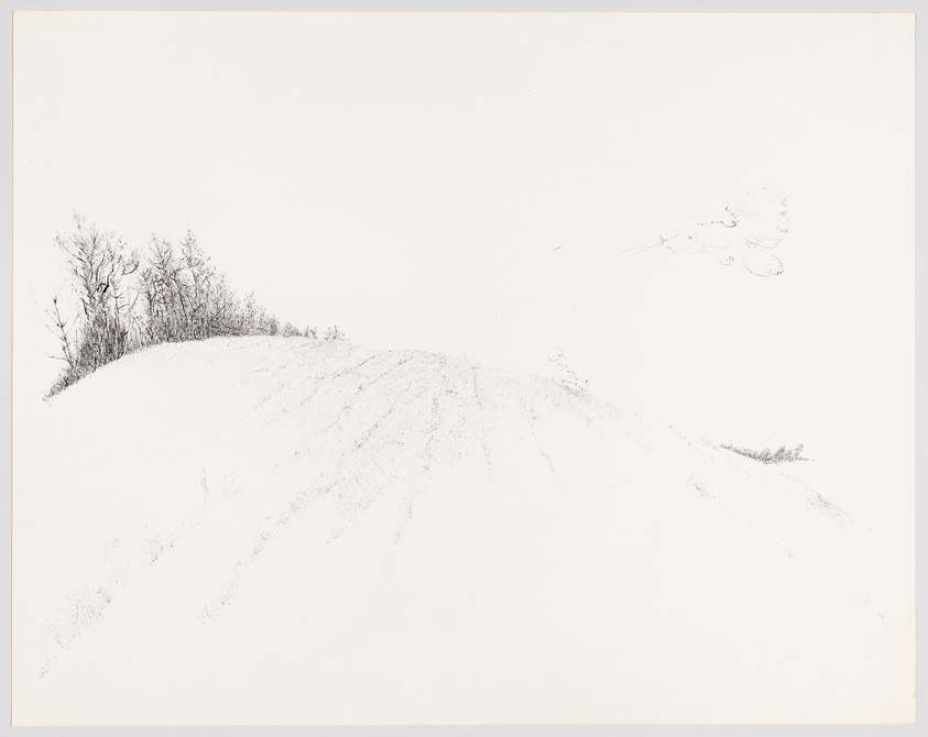 A minimalist pencil drawing depicting a snowy hill with a cluster of bare trees on the left side and a few scattered lines suggesting vegetation on the right, against a blank white background.