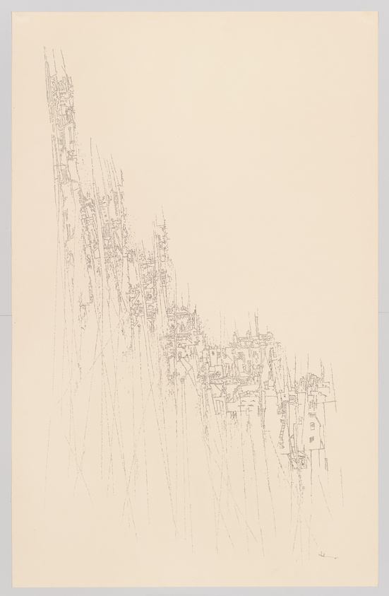 Intricate line drawing of a vertical cityscape on a beige background.