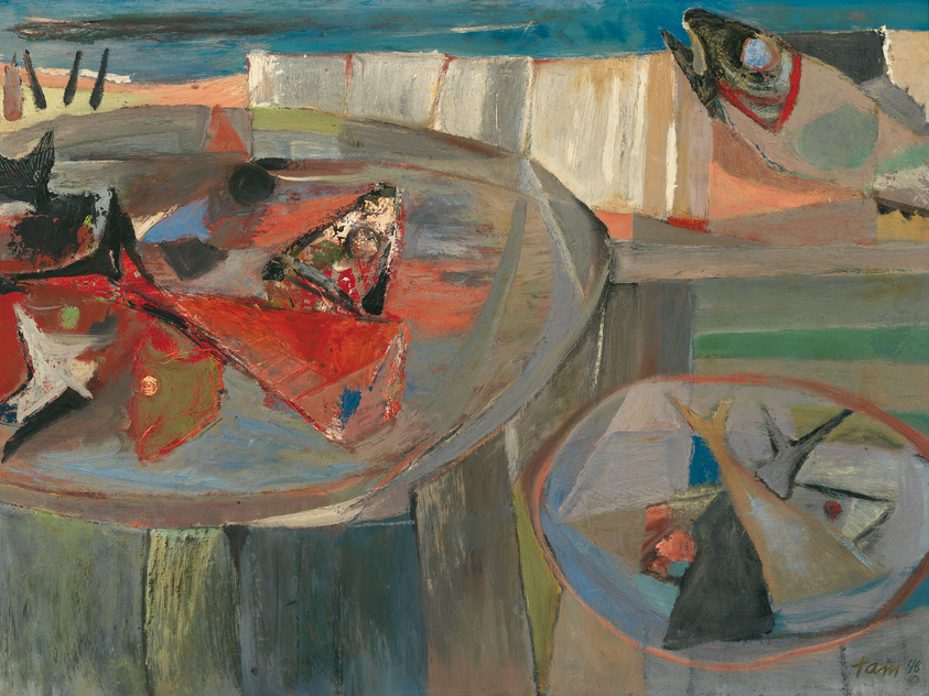 Abstract painting with vibrant colors depicting a fish on a plate, a slice of pizza, and various objects on circular tables.