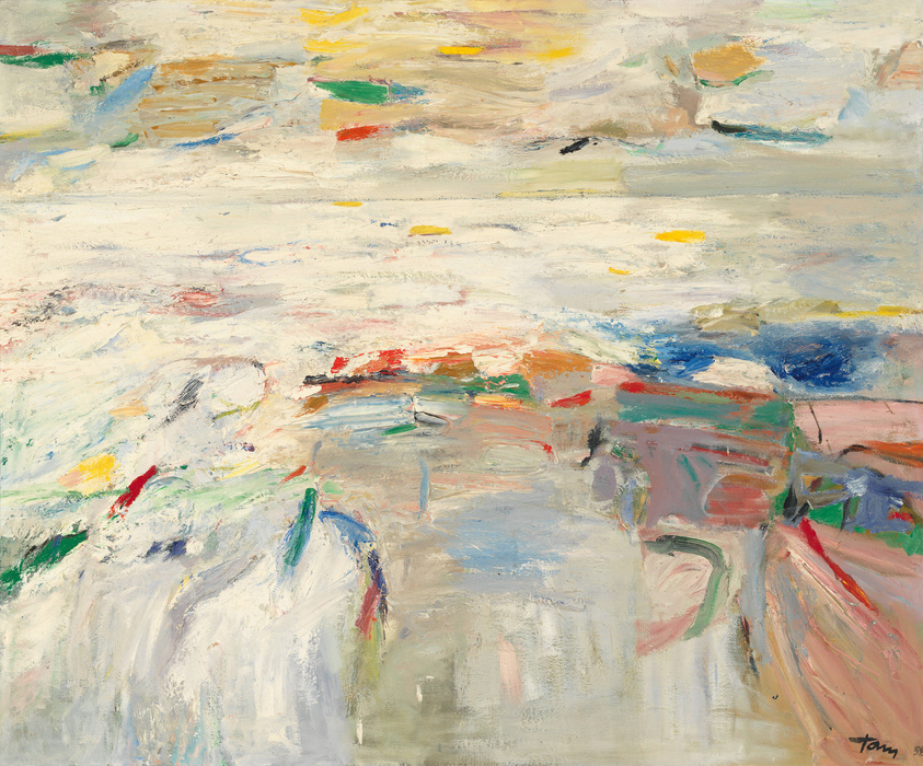 An impressionistic painting featuring a blend of vibrant and muted strokes that suggest a coastal scene with boats and reflections on water, signed by the artist at the bottom right.