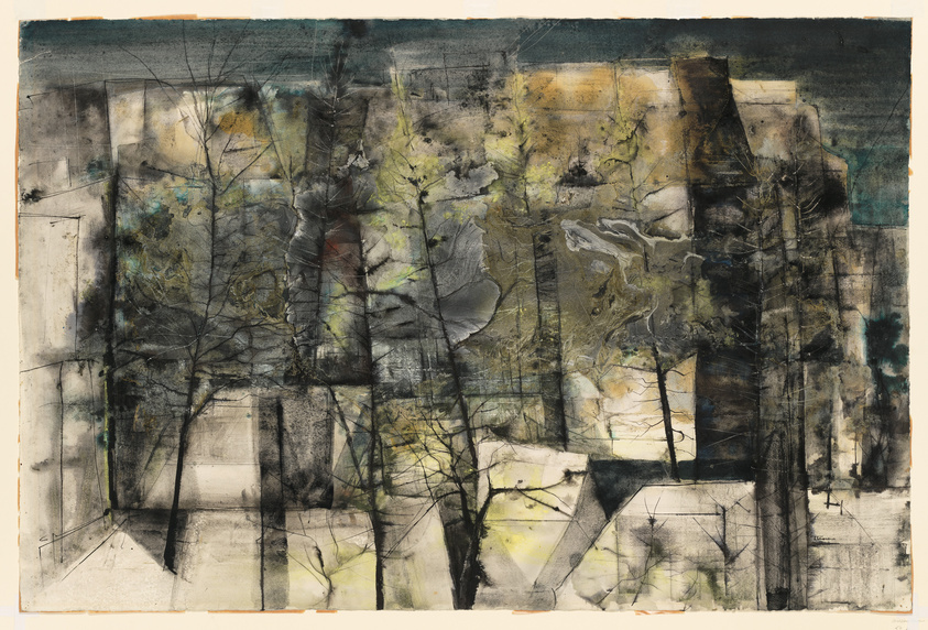 Abstract artwork with trees overlaying a fragmented cityscape in muted colors.