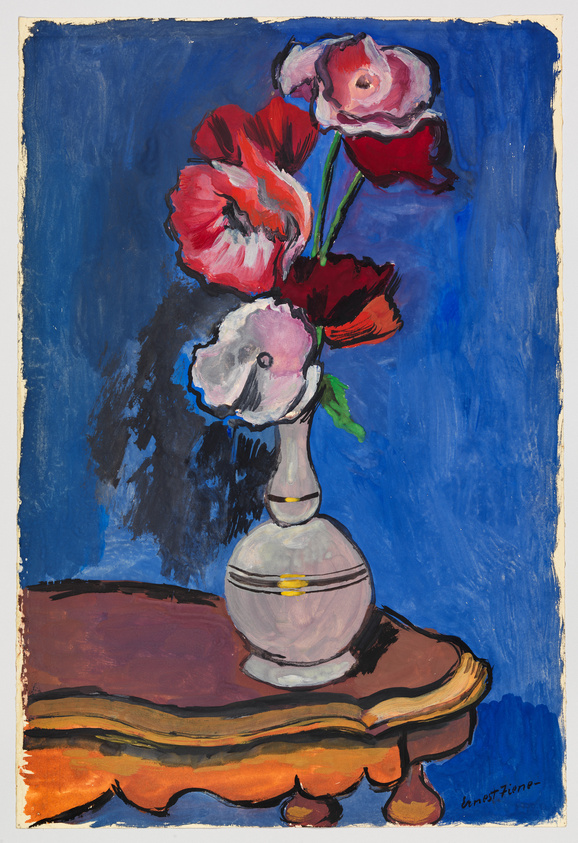 A vibrant expressionist painting depicting a bouquet of red and pink poppies in a round, clear vase. The vase sits on a brown table against a deep blue background. The artist's signature is visible in the lower right corner.