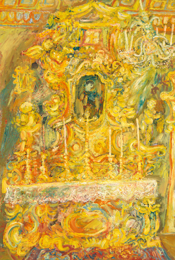 Vibrant abstract painting with heavy impasto technique creating a rich texture. The artwork features a blend of yellow, orange, and gold hues with accents of blue and red, evoking the ornate details of a baroque altar or architectural facade. Central to the composition is a darkened archway resembling a niche or portal, surrounded by swirling, decorative elements that suggest sculptural forms and embellishments.