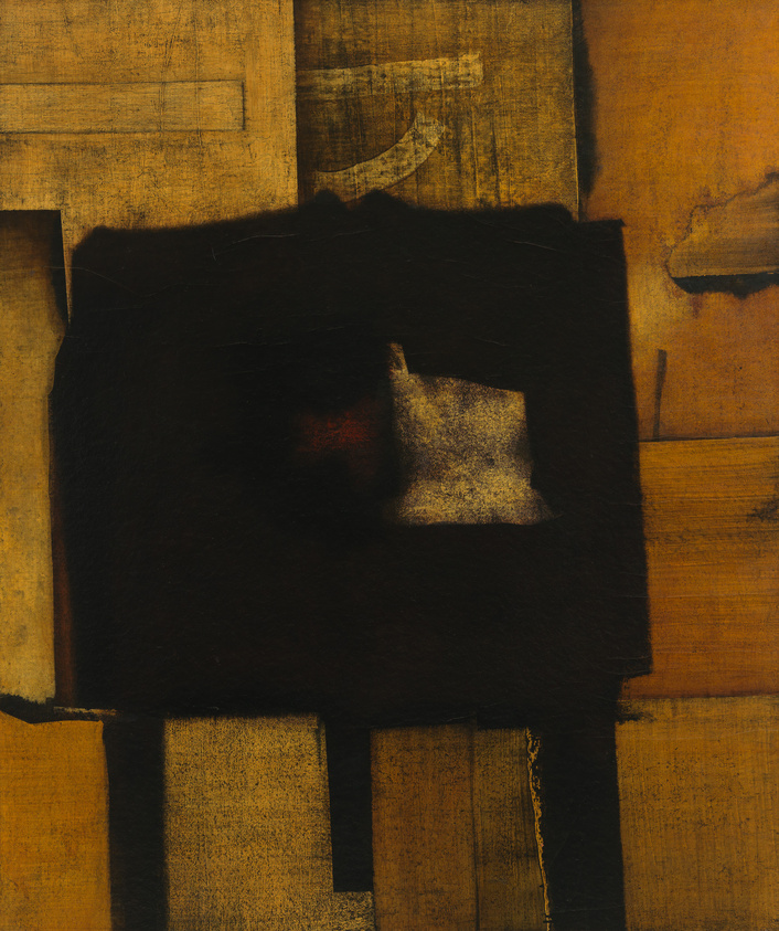 An abstract painting featuring a large, dark brown or black central shape against a textured background of earthy, warm tones such as amber and ochre. The background has the appearance of weathered wood or aged paper, with some areas showing linear patterns and others more blotchy or faded. The central shape seems to be superimposed, with a smaller, lighter brown rectangle within it, creating a sense of depth and contrast.