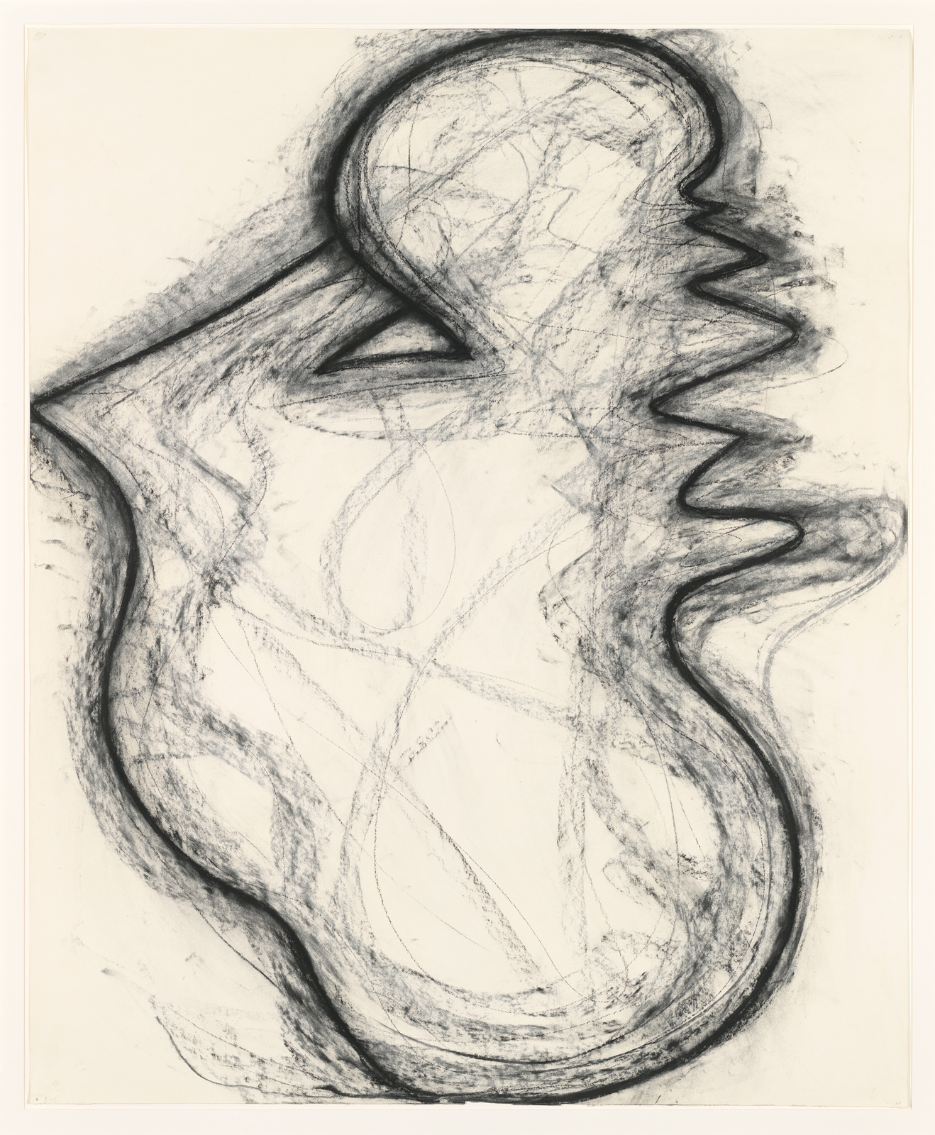 A monochromatic abstract drawing featuring a central, organic, bulbous shape with a head-like top and wavy extensions to the right side. The artwork is composed of dynamic, scribbled lines and marks in black charcoal on a white background, creating a sense of movement and depth.