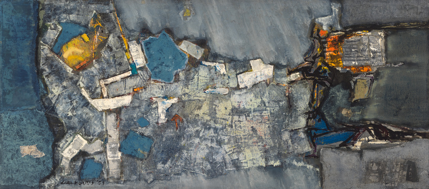 An abstract painting featuring a complex array of textured shapes and colors, predominantly in shades of blue and gray, with accents of yellow, orange, and white. The composition is reminiscent of an aerial view of a fragmented landscape, with the artist's signature visible in the bottom left corner.