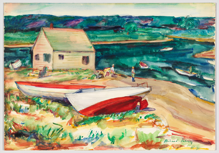 A vibrant watercolor painting depicting a coastal scene with a large red and white boat in the foreground on a sandy beach. In the middle ground, several figures are seen near a small white house with a red roof, and in the background, there are more boats on the water with lush greenery and hills beyond. The brushstrokes are loose and expressive, conveying a sense of movement and the lively atmosphere of a seaside setting.