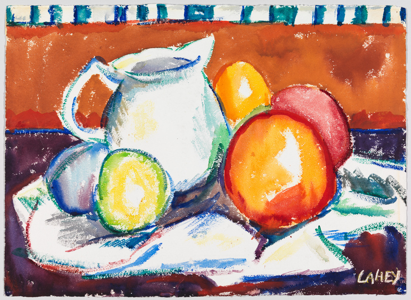 A vibrant watercolor still life painting featuring a white pitcher and a selection of colorful fruit, including a lemon, an orange, and an apple, arranged on a draped cloth with a bold, dark background. The artist's signature "LAHEY" is visible in the lower right corner.