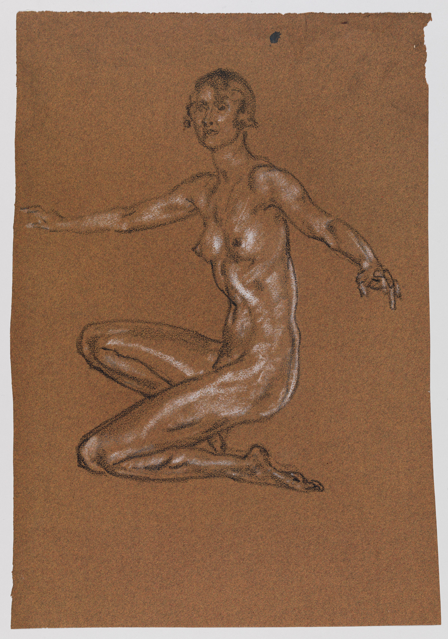 A sketch of a nude female figure kneeling on one knee on a brown paper background. The figure is drawn with white highlights and shadowing, capturing the contours of the body, and is looking to the side with one arm extended outward.
