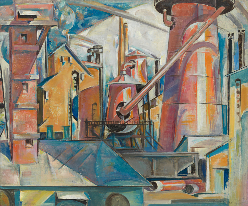 A vibrant cubist painting depicting an industrial landscape with abstracted forms of buildings, smokestacks, and machinery in a palette of blues, oranges, and whites.