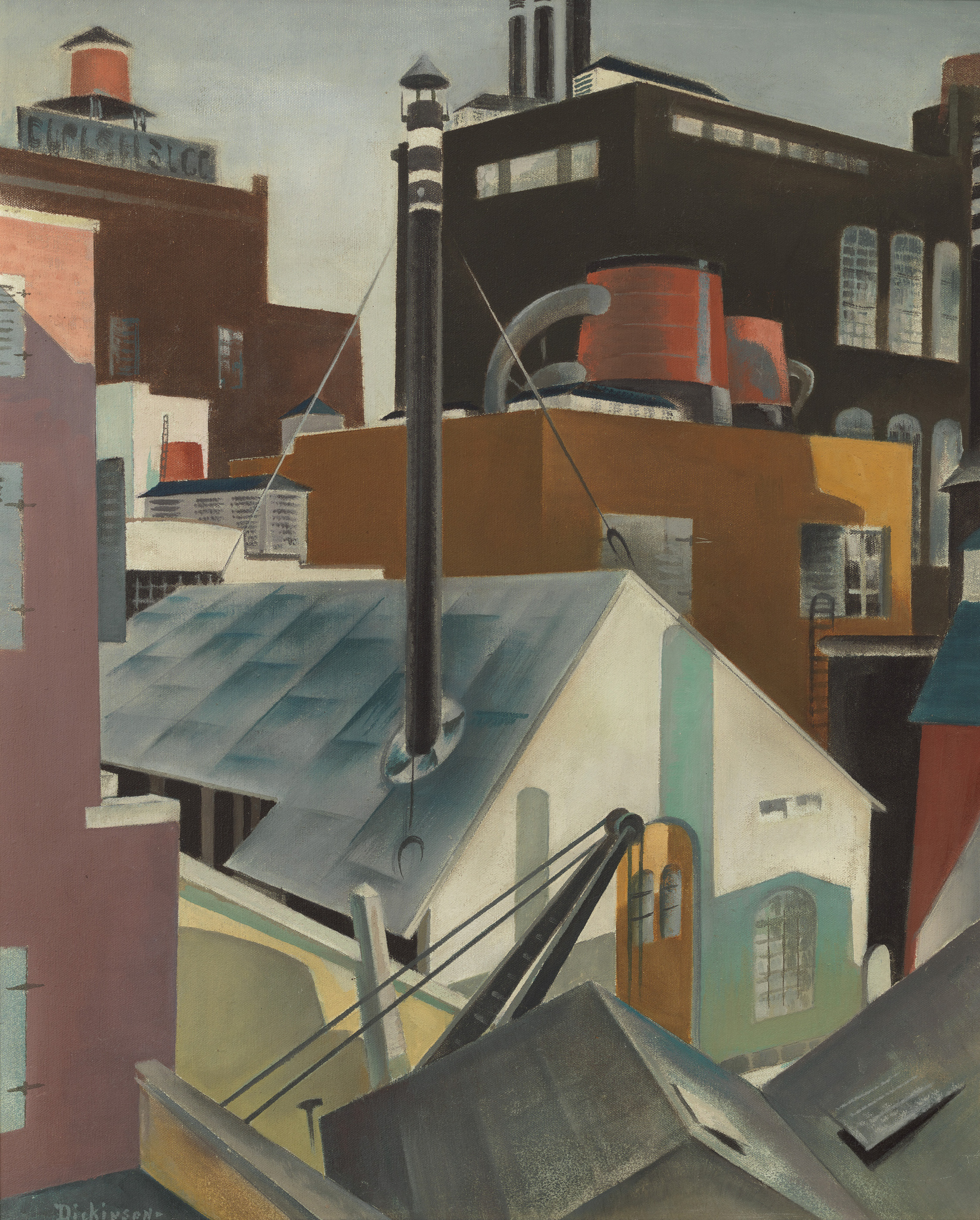 A painting depicting an urban landscape with a variety of buildings in different shapes and colors. The foreground shows rooftops with a focus on geometric forms and lines, while the background features taller structures with visible windows and a smokestack. The color palette is muted with shades of brown, blue, and grey, and the painting has a signature in the bottom right corner.