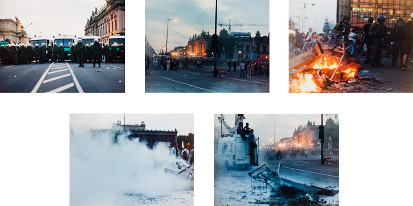 A collage of six images depicting scenes of civil unrest. The top left shows a line of riot police blocking a road, the top middle is an evening shot of a street with people gathered and lights in the distance, and the top right shows a small fire on the street with police and bicycles nearby. The bottom left image is engulfed in smoke, the bottom middle shows people climbing on a white van, and the bottom right captures a street scene with a large crowd and a traffic light in the foreground.
