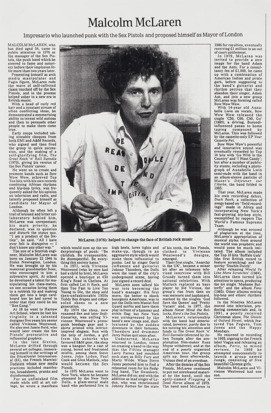 Man in a buttoned shirt with text, sitting with a book, on a newspaper-style background with the headline "Malcolm McLaren."