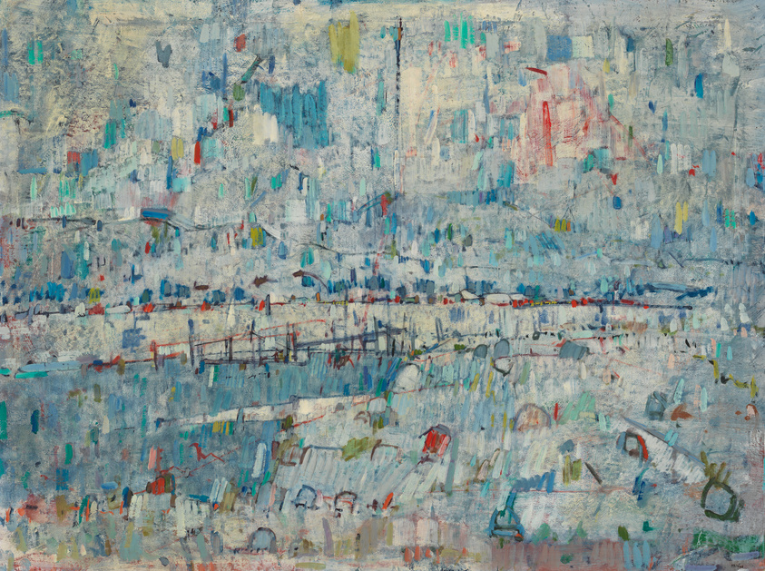 An abstract painting with a multitude of brushstrokes in various colors creating a textured, layered effect. The colors range from blues and greens to reds and yellows, with hints of white and black, giving the impression of a bustling cityscape or a complex mosaic.