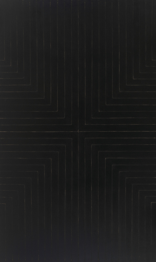 Black canvas with subtle, symmetrical lines forming a cross pattern in the center.