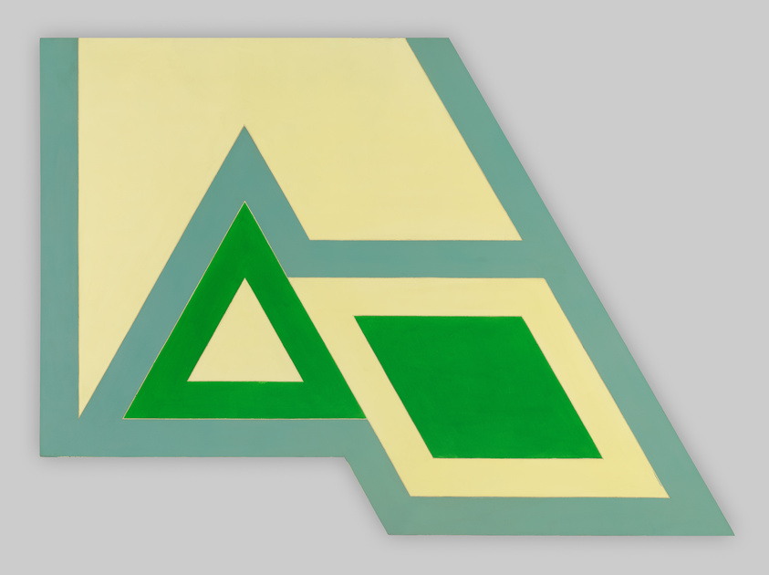 Geometric artwork with overlapping green triangles and squares on a cream background.