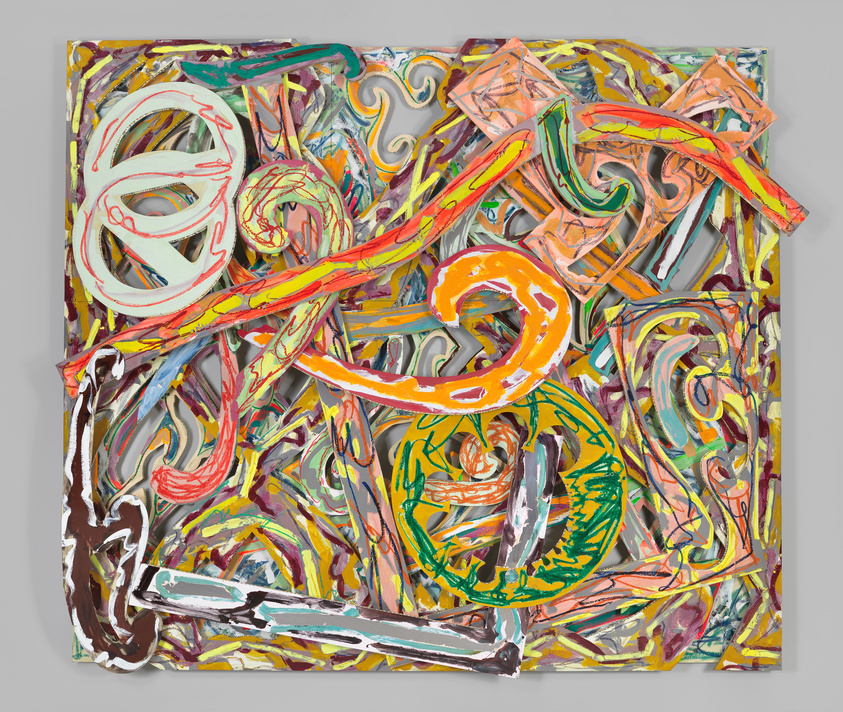 Abstract, colorful painting with dynamic swirls and bold lines on a textured surface.