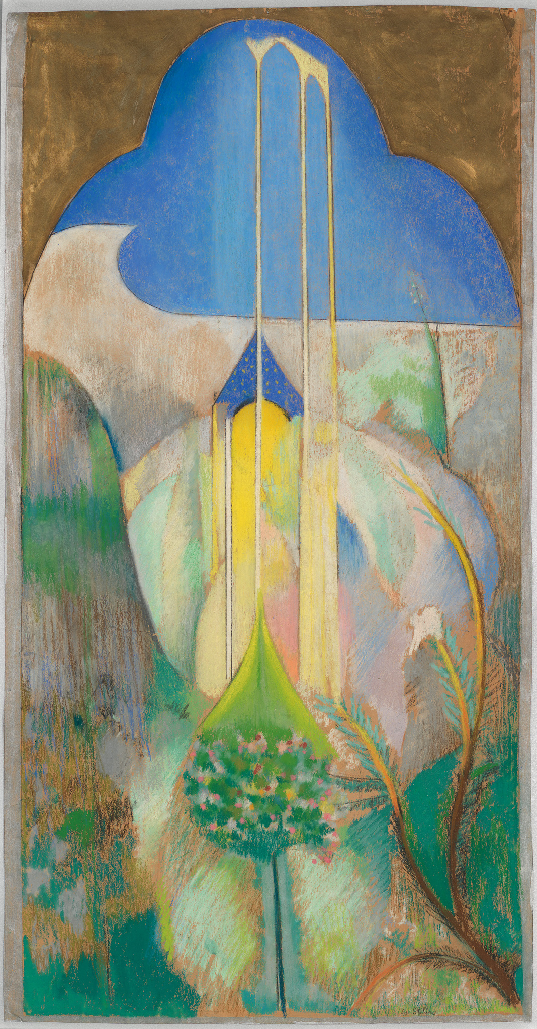 A vibrant and colorful abstract painting featuring a central tree-like form with a blue and yellow canopy against a backdrop of flowing shapes and a large blue cloud-like form at the top. The painting combines elements of nature with a dreamlike, surreal quality, using a palette of blues, greens, yellows, and pinks. The borders of the canvas are painted in gold, giving the artwork a framed appearance.