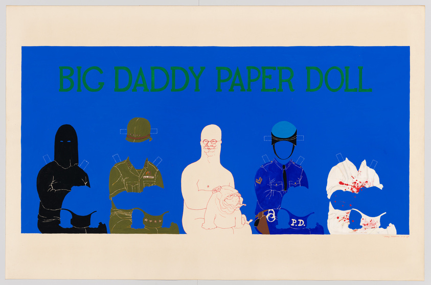 Illustration of "BIG DADDY PAPER DOLL" with outlines of military, police, and injured figures against a blue background.