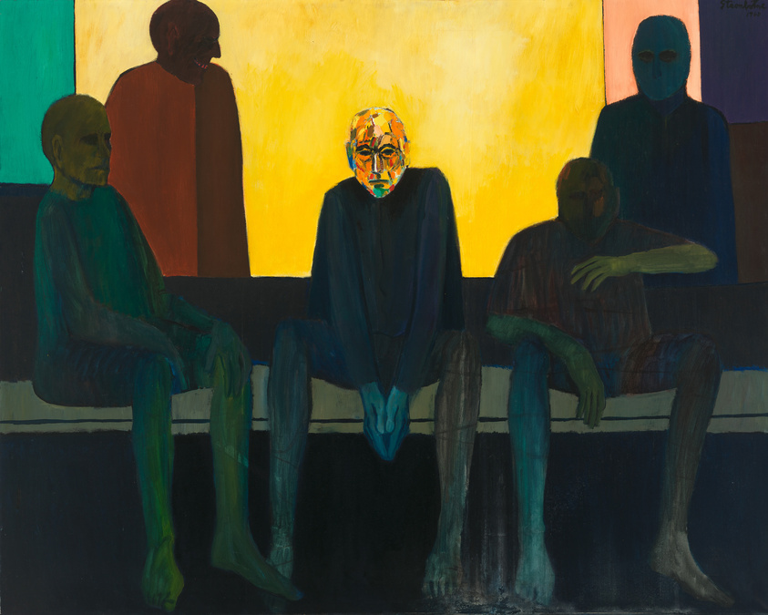 Abstract painting of five seated figures with elongated forms and muted colors against a bright yellow background.