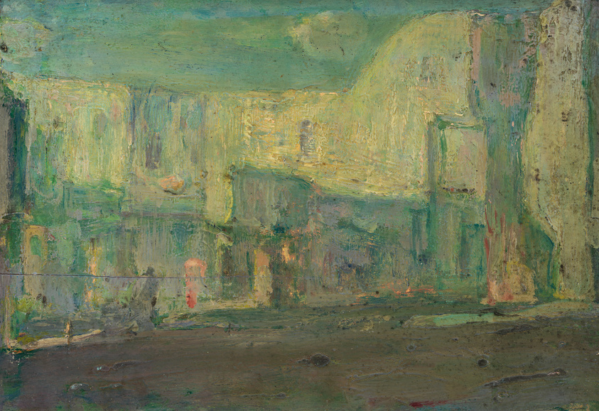 Impressionist painting depicting a reflective water scene with blurred buildings and greenery.