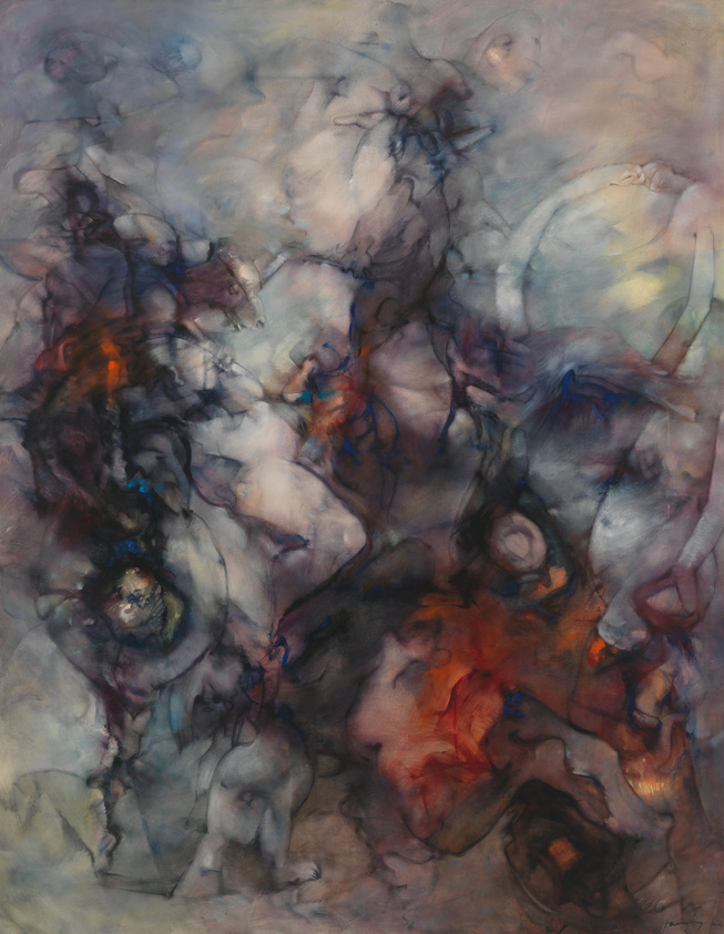 Abstract swirling painting with a blend of dark and light hues creating a dreamlike atmosphere.