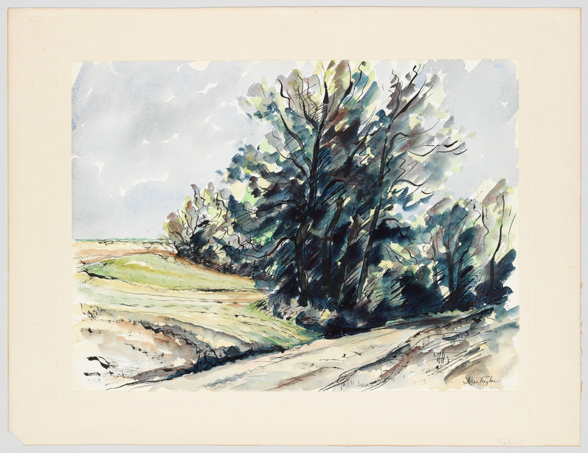Watercolor painting depicting a cluster of trees with dense foliage on a grassy landscape under a cloudy sky. The artwork features a mix of vibrant and muted colors, with expressive brushstrokes suggesting movement in the leaves and clouds. The painting is signed by the artist in the lower right corner.