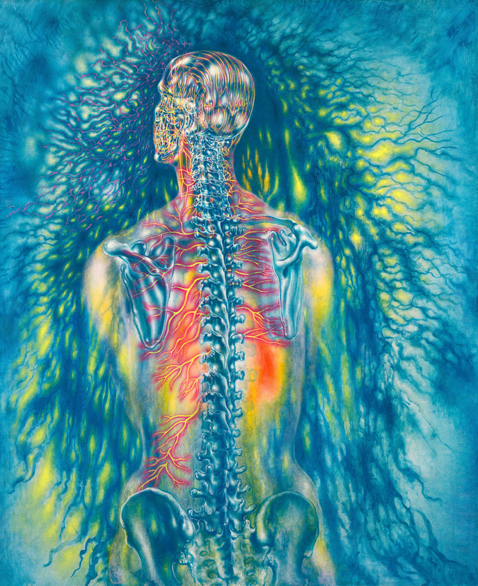 A vividly colored artistic representation of a human figure from the back, showcasing the skeletal structure, spine, and nervous system with a blend of red, yellow, and blue hues, set against an abstract background that suggests neural or organic patterns.