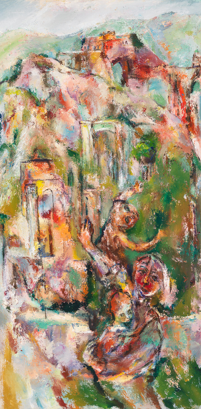 Vibrant, abstract painting with expressive brushstrokes depicting a lively scene that suggests figures and structures.