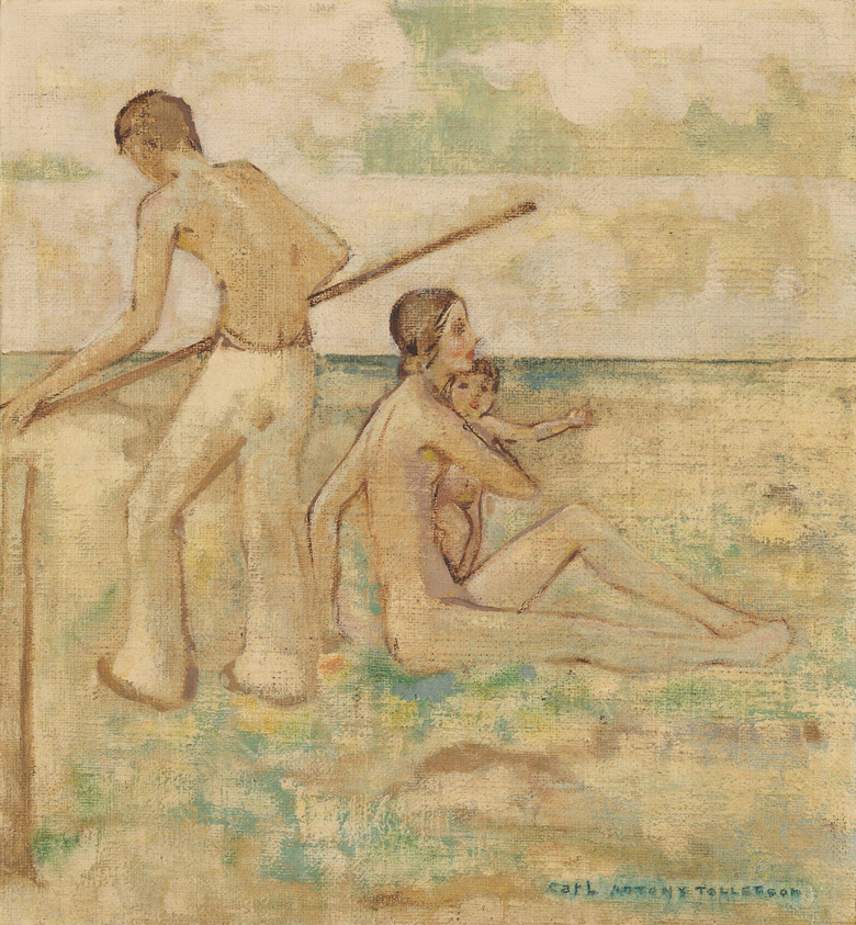 Impressionist-style painting depicting two figures by the water's edge; one standing and holding a pole, the other seated and pointing towards the horizon. The background features soft, muted tones suggesting a tranquil, hazy atmosphere.