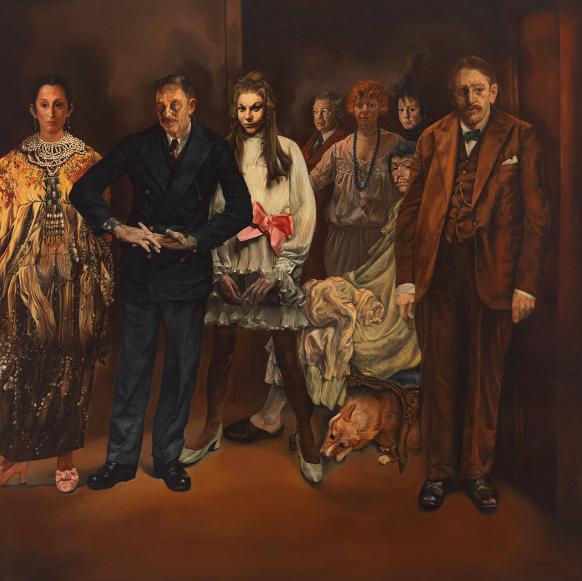 A painting depicting seven figures standing in a line, with a variety of expressions and attire, ranging from formal to casual. A small pig lies at the feet of one of the figures. The background is dark and nondescript, focusing attention on the group.