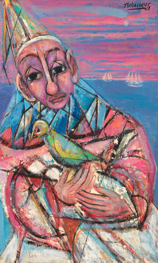 A vibrant expressionist painting depicting a whimsical figure wearing a pointed hat, gently holding a bird. The background features a pink and blue sky with a small moon and sailing ships on the horizon. The artwork is signed "Tschabalala Self '18."