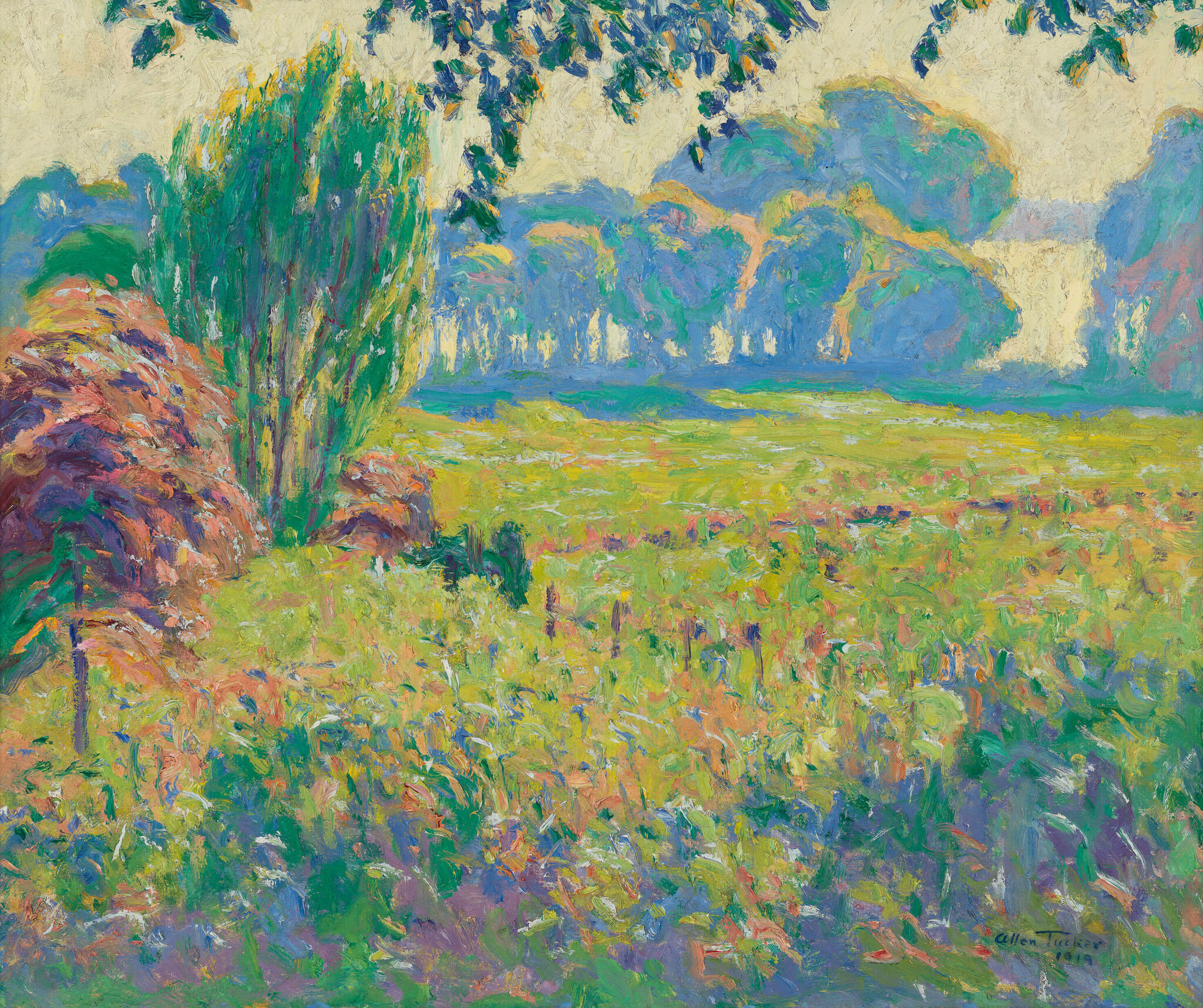 Impressionist-style painting depicting a vibrant, colorful landscape with a lush green tree on the left, a field of wildflowers in various hues, and a row of trees in the background under a light sky with fluffy clouds. The brushstrokes are thick and visible, adding texture to the scene.