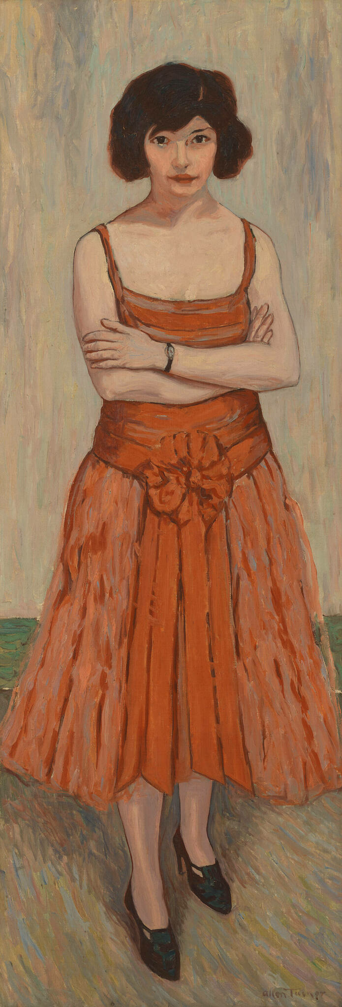A painting of a young woman standing with her arms crossed. She has short dark hair and is wearing a sleeveless orange dress with a large bow on the waist. Her expression is neutral, and she wears a small wristwatch on her left wrist. The background is abstract with muted colors, and she is wearing black shoes. The artist's signature is in the lower right corner.