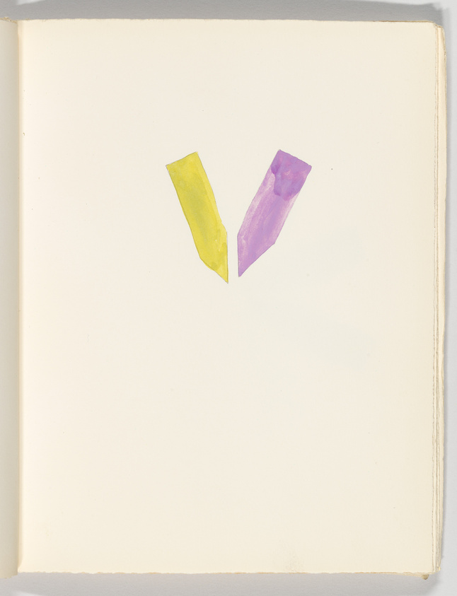 Two pieces of torn, translucent paper, one yellow and one purple, arranged in a V shape on a blank page of an open book.