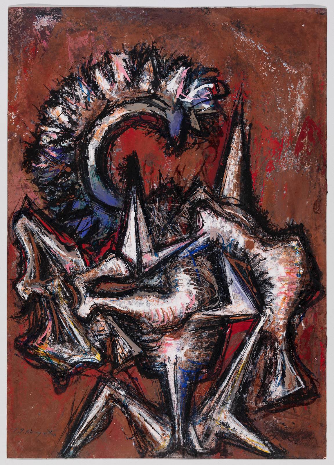 An abstract expressionist painting featuring a chaotic composition of sharp geometric shapes and organic forms in a palette of dark and vibrant colors, with a prominent circular motif at the top center, set against a textured reddish-brown background.