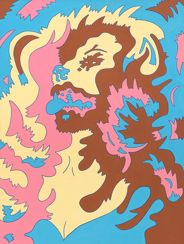 Colorful abstract artwork featuring swirling shapes in pink, blue, brown, and yellow, resembling a lion.