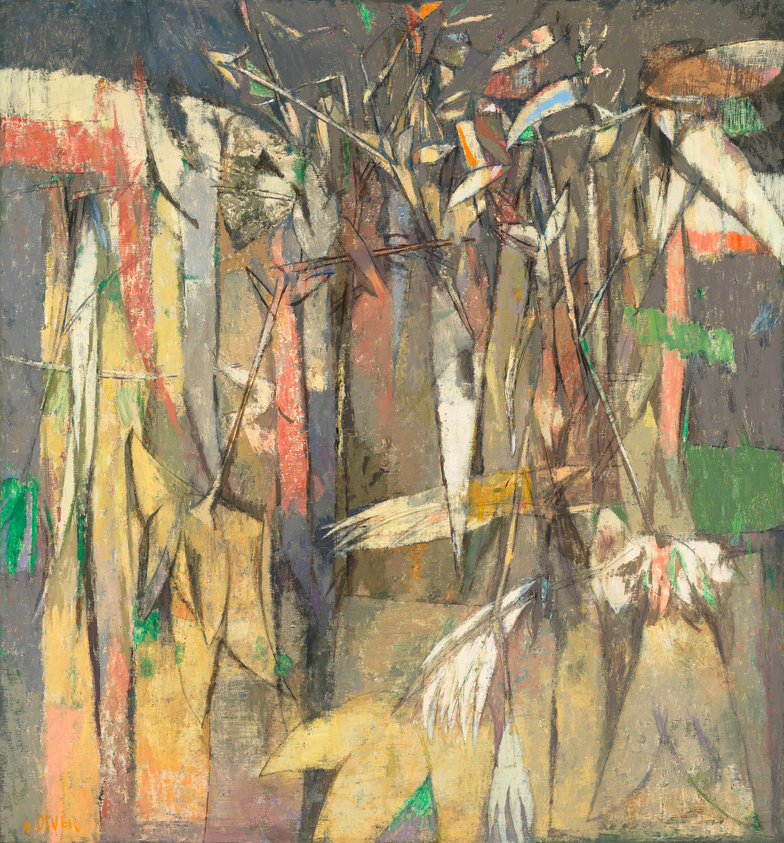 An abstract painting featuring a complex array of brushstrokes and colors that create a dynamic composition resembling a forest of shapes and lines. The artist's signature is visible in the lower left corner.