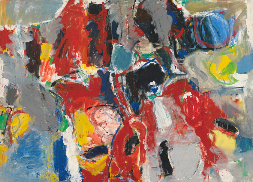 A vibrant abstract painting featuring a chaotic mix of brushstrokes in red, blue, yellow, and white, with no discernible figures or objects, suggesting a focus on color, emotion, and movement.