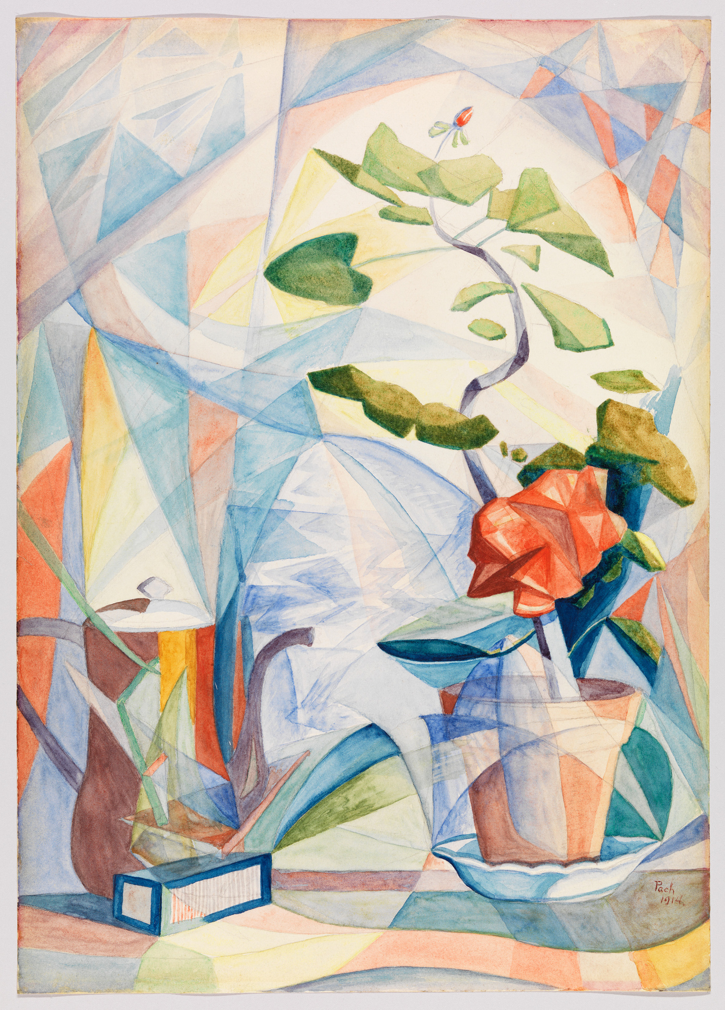 A vibrant watercolor painting featuring a stylized, geometric representation of a rose in a vase. The composition is fragmented into multiple planes with a mosaic of colors, including shades of blue, orange, green, and yellow, creating a dynamic, cubist effect. The signature "Roz" and the year 1914 are visible in the bottom right corner.