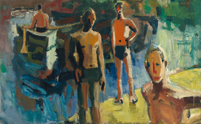 An expressive, abstract painting featuring four figures with distorted features and proportions, set against a backdrop of bold, colorful brushstrokes. The artist's signature and the year '55 are visible in the top right corner.
