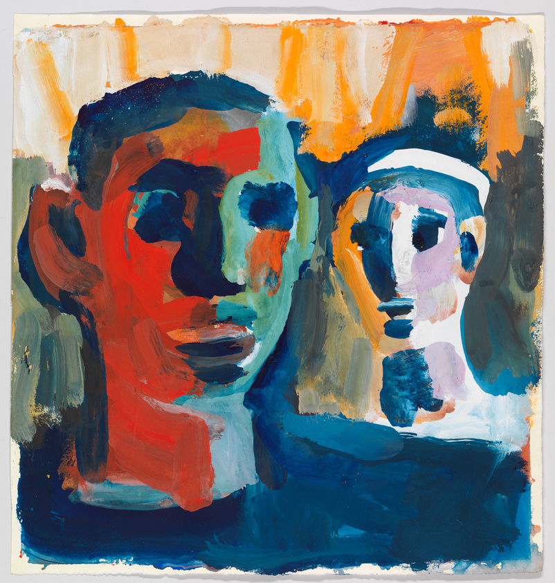 An abstract painting featuring two stylized faces with bold, expressive brushstrokes in a vibrant palette of orange, blue, red, and black against a light background. The faces are composed of irregular shapes and colors that suggest features rather than defining them realistically.