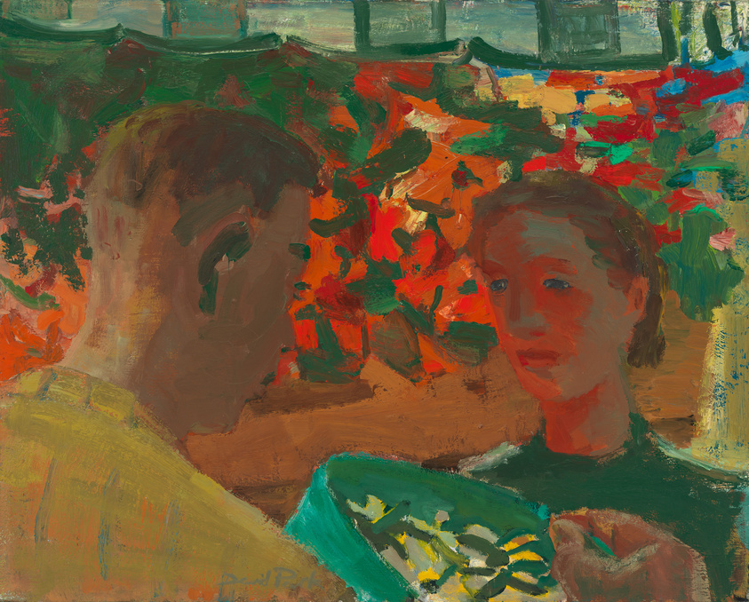 An expressive, colorful painting depicting two figures, possibly in conversation, with the one facing away showing only the back of their head, and the other looking directly at the viewer with a contemplative expression. The background is abstract with vibrant reds, greens, and blues, suggesting a lively outdoor setting.