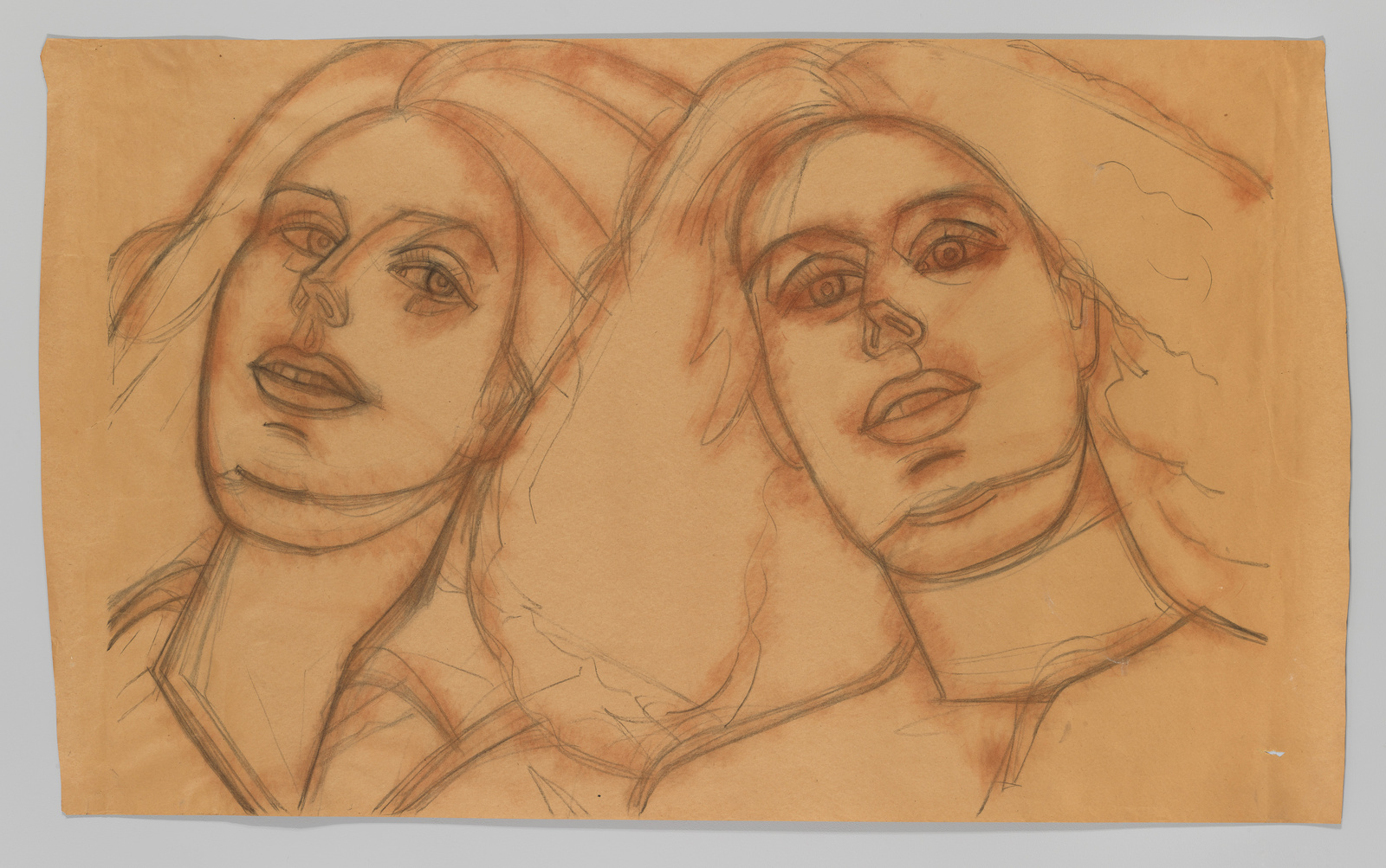A sketch on tan paper featuring two overlapping portraits of a woman with expressive eyes and full lips. The drawing is done with contour lines and appears to be unfinished, with visible construction lines and changes to the positioning of facial features.