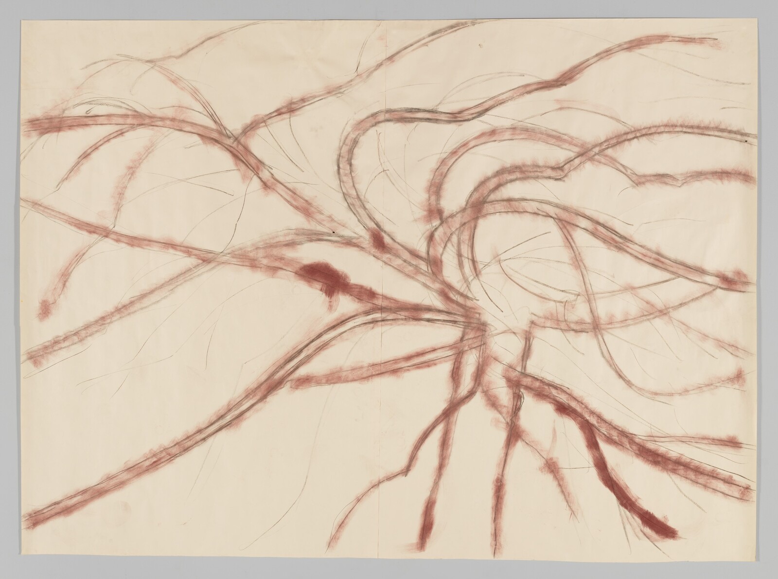 A large, abstract drawing on a cream-colored background featuring an intricate network of reddish-brown lines that resemble organic branches or roots spreading out from a central point. Some lines are bold and thick, while others are fine and delicate, creating a sense of movement and complexity.